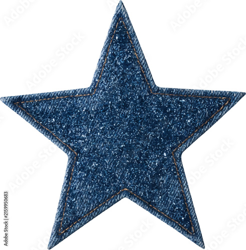 Denim star patch creating a trendy design element, featuring embroidered texture and golden stitching for clothing applique, isolated on a transparent background