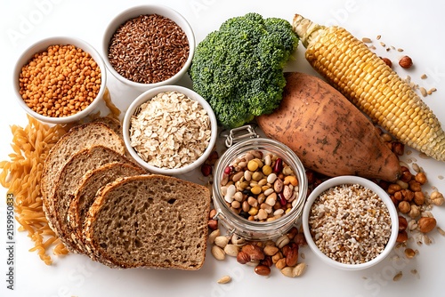 A collection of healthy high fiber foods including whole grains, legumes, vegetables, and seeds isolated on white background