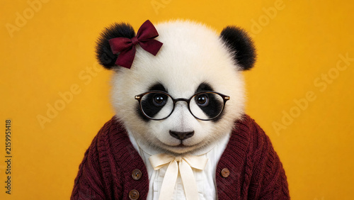 Young panda bear female character wearing nerdy glasses, a bow, and a burgundy cardigan on a yellow background