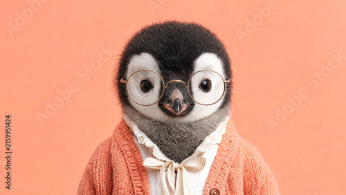 Funny baby penguin female character wearing glasses and a salmon color sweater, looking at the camera