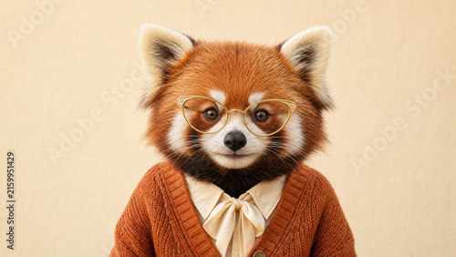 Anthropomorphic red panda female character posing like an intellectual with a gentle expression on light background