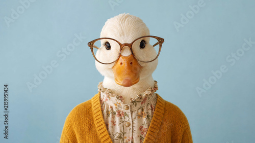 White duck female character dressed as a human looking at camera on a solid blue background