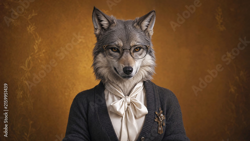 Anthropomorphic wolf female character with glasses posing for a vintage style studio portrait