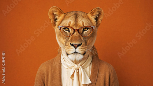 Elegant lioness female character with human clothing and glasses posing against a solid orange background