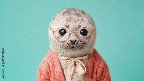 Adorable baby seal female character with round glasses and pink cardigan looking forward against a turquoise background