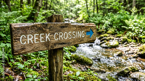 Wooden Creek Crossing Sign in Lush Forest
