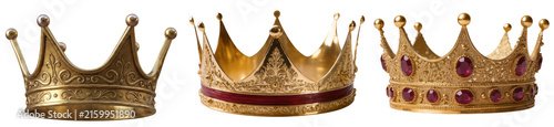 Konstfotografi Three golden crowns with intricate designs, isolated on a white background