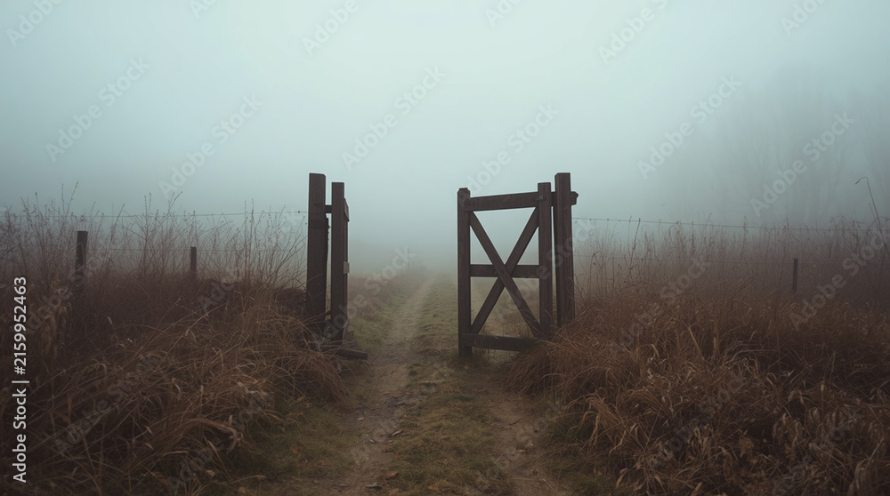 Naklejka premium Wooden Gate Leading Into a Foggy Rural Landscape — Part of a Folk Horror and Dark Poetry Series