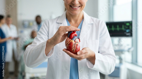 Doctor holding heart model with medical team in background, healthcare concept