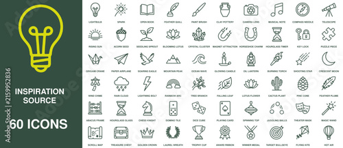 Inspiration icons set features sixty line outline symbols for creativity, big ideas, and business concepts.