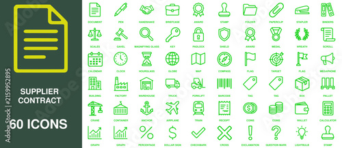 Supplier contract icon set offers sixty green line symbols illustrating legal agreement, document, and trade.