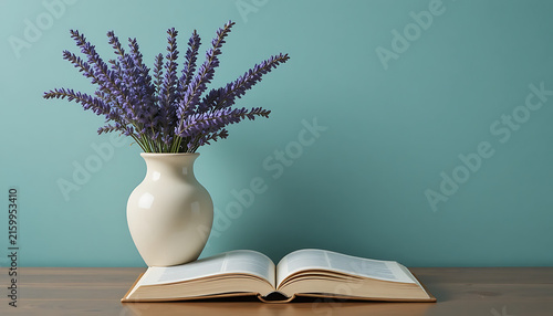 Open book with lavender flowers in vase on wooden table against blue wall background