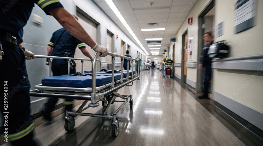 Fototapeta premium Paramedics pushing gurney through hospital hallway depicts urgent critical care logistics and operational efficiency in healthcare.