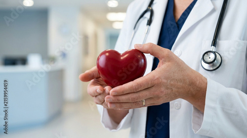 Doctor holding red heart symbol, healthcare, cardiology, love and care concept