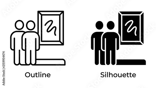Museum Visit Icons: Two distinct icon styles, outline and silhouette, depict two individuals observing artwork displayed on a gallery wall.