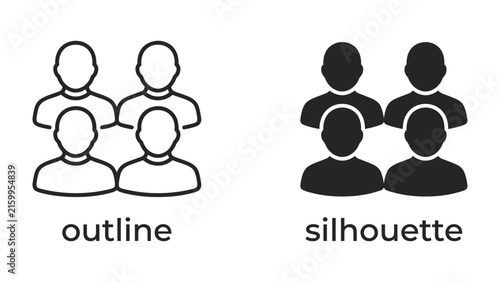 Foto Group of People Icons: A pair of icons representing a group of people, one in outline style and the other as a solid silhouette, symbolizing community or teamwork