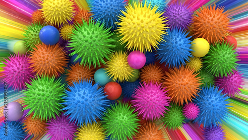 Vibrant Abstract Background Featuring Colorful Spiky Spheres and Dynamic Radial Energy Rays for Creative Design Projects
