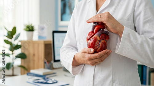 Doctor holds anatomical heart model in office, cardiology concept
