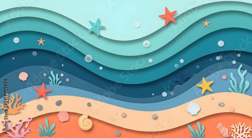 Paper Cut Underwater Beach Landscape with Ocean Waves, Starfish, Coral and Seashells – Layered Marine Illustration for Kids, Summer Poster, Wallpaper, Packaging and Coastal Background