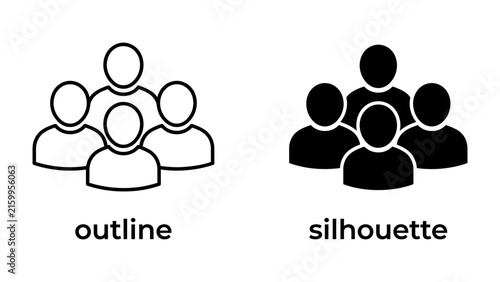 Group of People Icons: A simple and clear representation of a group of people, shown in both outline and silhouette styles, signifying community, teamwork, or a gathering.