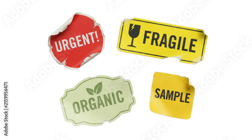 Set of various worn and torn paper labels and stickers isolated on transparent background