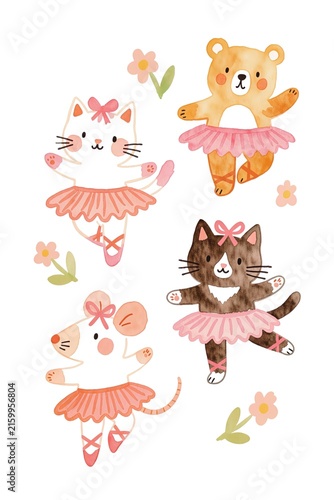 A cute watercolor illustration of four animal charactersâ€”two cats, a bear, and a mouseâ€”dressed in pink tutus and ballet slippers, surrounded by small pink flowers.