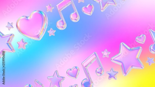 frame background made of iridescent hearts, stars, and music notes against vibrant gradient in shades of pink, yellow and blue