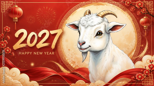 festive Chinese New Year illustration for 2027 featuring white goat red hanging lanterns, elegant clouds with the text 