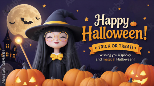 Halloween theme banner with cute cartoonish witch character holding glowing wand among jack-o -lanterns pumpkins and spooky night background