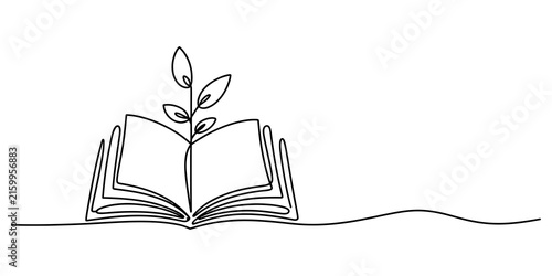 Continuous line drawing of an open book with a growing plant
