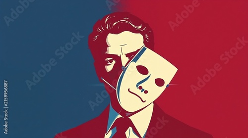 illustration of man in suit holding theatrical mask over his face against split blue and red background