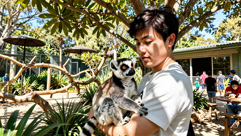 Obraz premium Asian man holding a cute lemur in an outdoor wildlife park enclosure