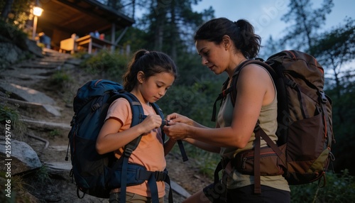 Adjusting mother and daughter fastening backpack buckles on forest trail at dusk, in hiking clothes