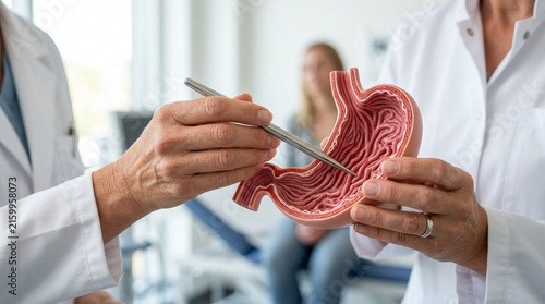 Doctor showing stomach anatomy model to patient, medical consultation