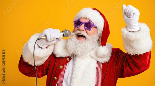 Happy man in festive red suit singing into microphone while wearing purple star glasses against yellow with velvet costume singing joyful male character entertainment celebration performance open