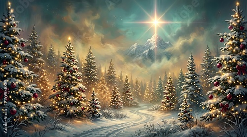 Magical snowy winter forest with glowing christmas trees under bright star with illuminated christmas illustration celebration celebrative traditional background atmosphere glittering mountain