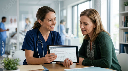 Doctor shows medical results on tablet to patient, healthcare discussion