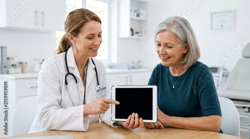 Doctor showing tablet to senior patient in medical office