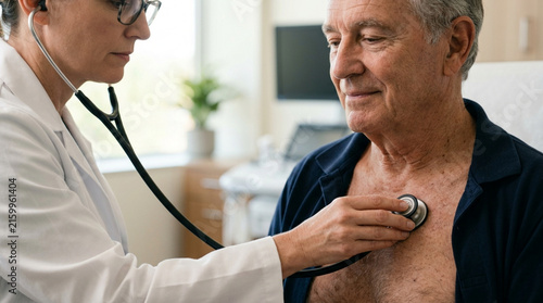 Doctor using stethoscope to listen to elderly patient's chest, healthcare checkup