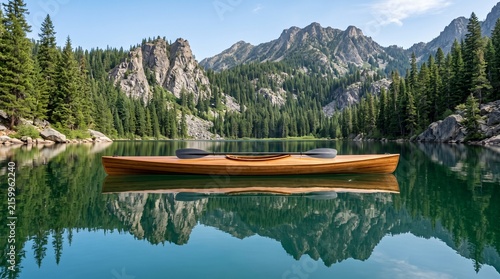 Handcrafted wooden kayak floating on a mirror-like mountain lake surrounded by pine forests, perfect for tranquil water recreation.