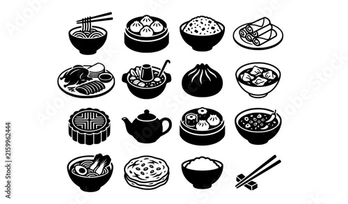 Chinese cuisine authentic food black vector icon collection with dumplings noodles rice and traditional dishes