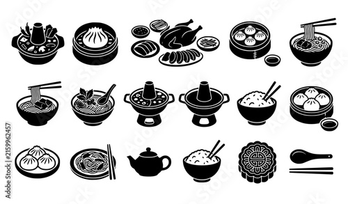 Photography Regional Chinese food black vector symbol set featuring authentic dishes noodles