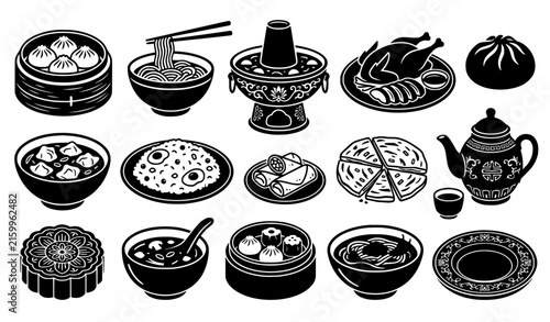 Traditional Chinese cuisine black vector food collection with dumplings noodles hotpot dim sum and tea