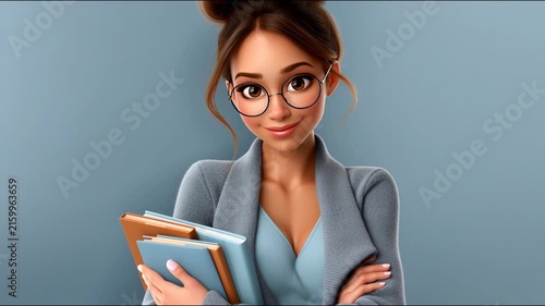 An animated young woman with glasses and a bun hairstyle holds books against a blue background.