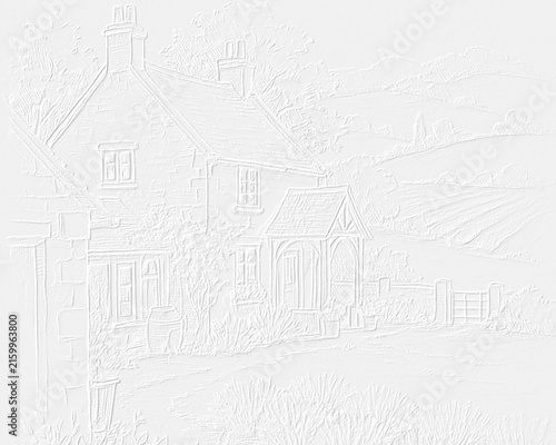 Embossed image of house.