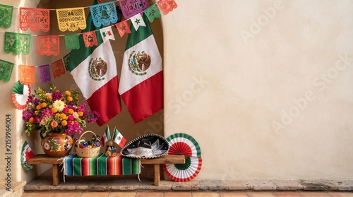 Mexican Independence Day festive background with Mexican flags, papel picado, colorful decorations, chili peppers, limes, marigold flowers, sombrero and traditional ornaments, with large copy space.
