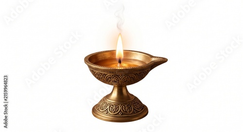 Traditional Indian Brass Diya Oil Lamp with Glowing Flame for Diwali Isolated on White Background