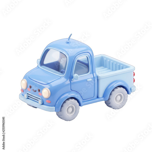 A 3D render of a cute blue pickup truck toy with a smiling face on a transparent background view