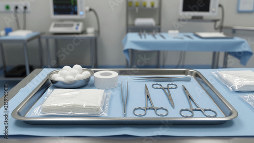 Sterilized tweezers in tray with surgical instruments, cotton balls and gauze on sterile blue drape, surgical preparation and medical hygiene