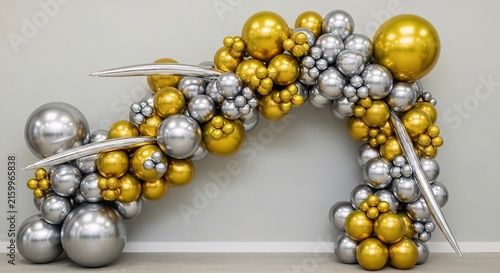 A festive balloon arch decoration featuring metallic gold and silver balloons in various sizes, arranged in an organic garland shape with abstract silver accents against a plain wall.
